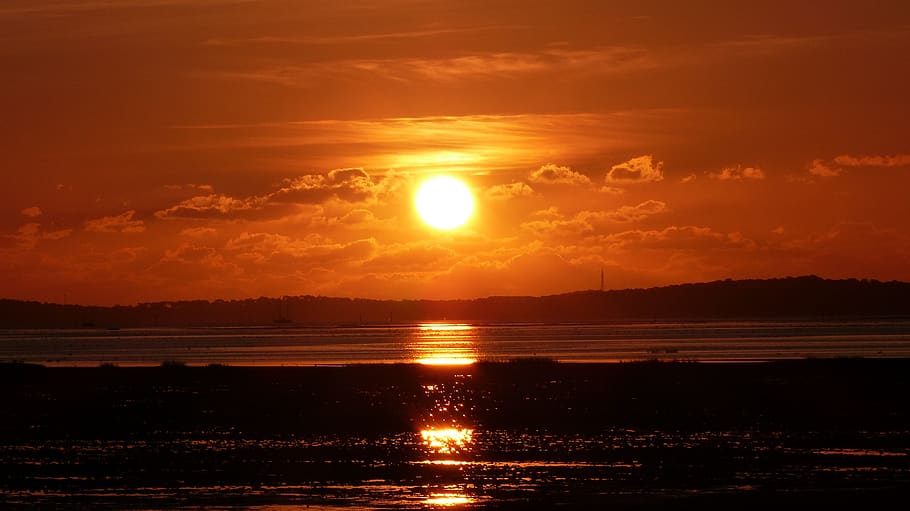 sunset, ocean, beach, tide, sea, water, twilight, nature, evening HD wallpaper