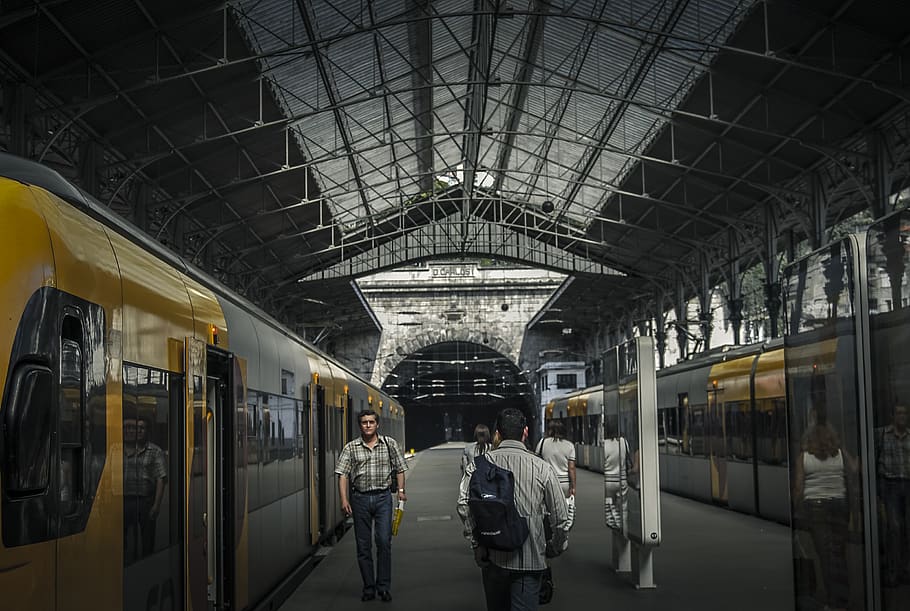 black backpack, rail transportation, train, public transportation HD wallpaper