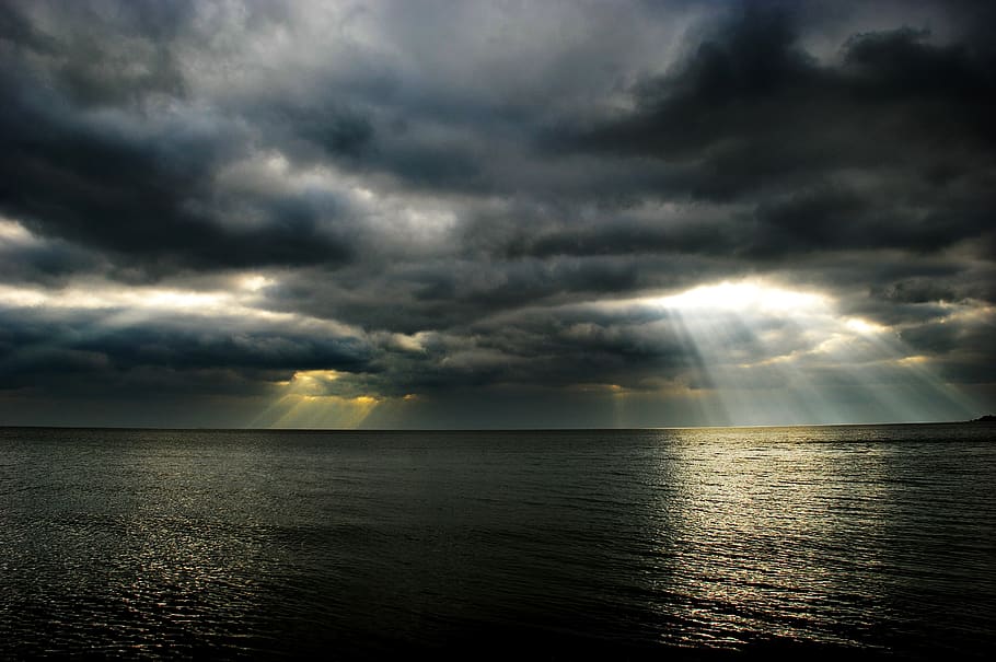 sea, clouds, light, rays, sky, landscape, travel, nature, wave HD wallpaper
