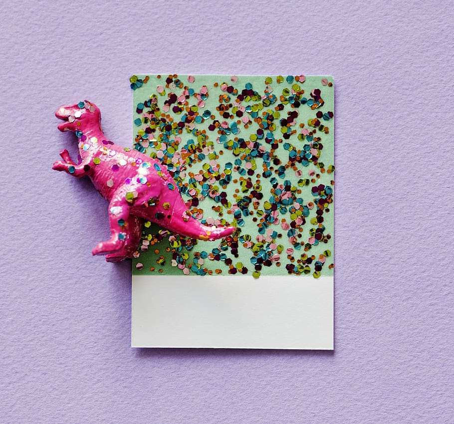 Pink Dinosaur Figurine Covered With Sequin, art, card, close-up, HD wallpaper