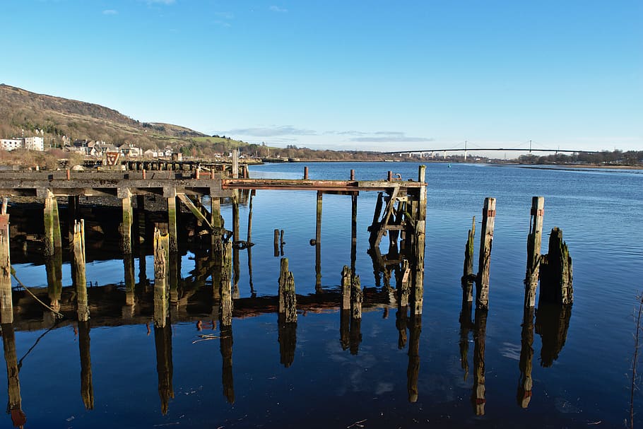 pier, abandoned, derelict, river, water, clear, sky, reflection, HD wallpaper