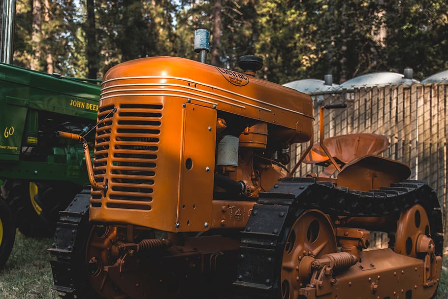 orange tractor beside John Deere tractor, vehicle, transportation, HD wallpaper