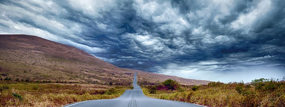 Landscape Photography of Plants and Mountain, asphalt, clouds HD wallpaper