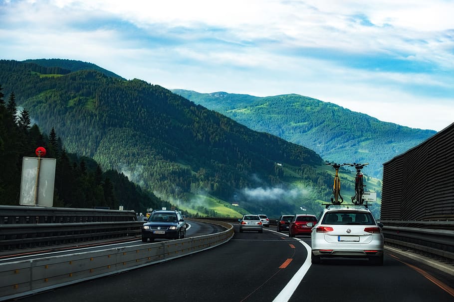 road, highway, auto, vehicles, bridge, landscape, alpine, mountains HD wallpaper