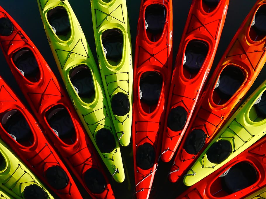 assorted yellow and red canoes, vehicle, boat, rowboat, transportation HD wallpaper