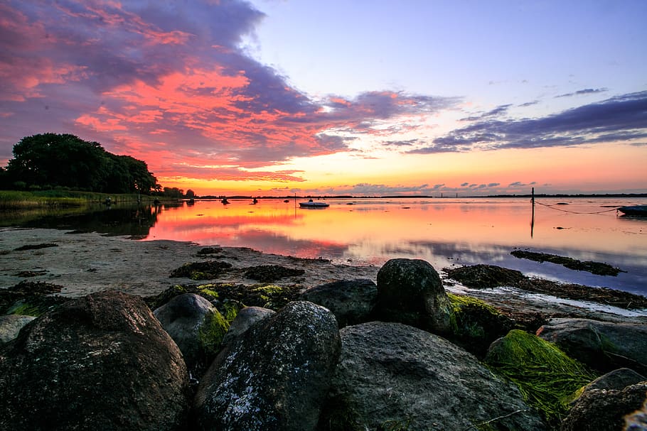 denmark, stubbekobing, sunset, exposure, water, boat, rocks HD wallpaper