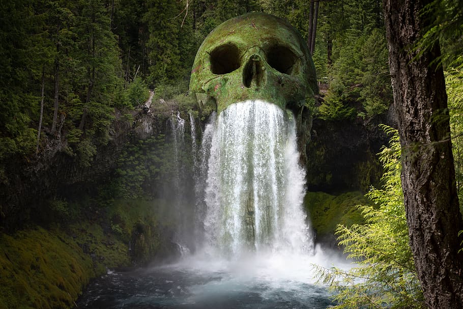 fantasy, skull, waterfall, creepy, mystical, gloomy, dark, mysterious HD wallpaper