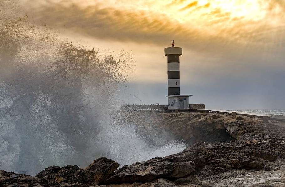 mallorca, colonia sant jordi, lighthouse, waters, coast, sea, HD wallpaper