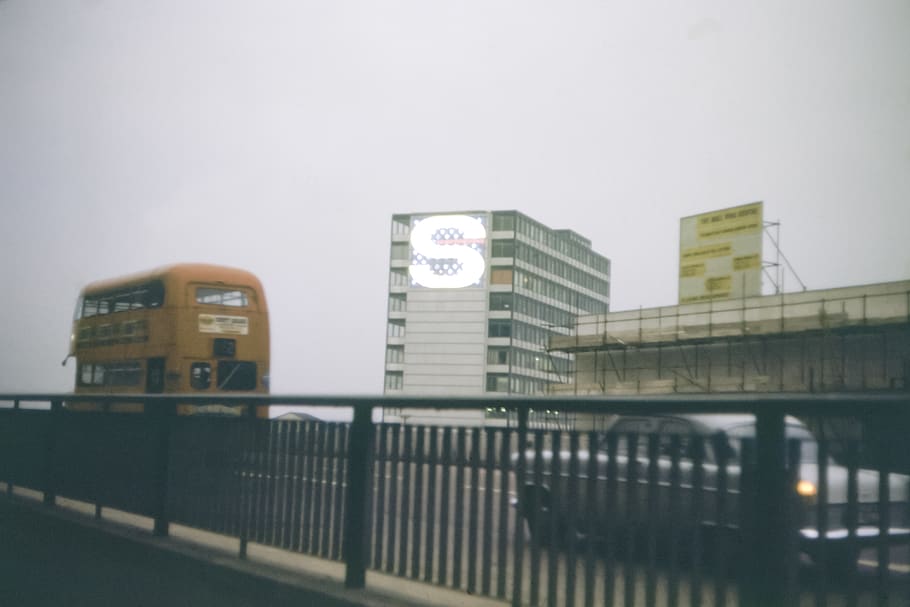 yellow bus on road, architecture, transportation, railing, sky HD wallpaper