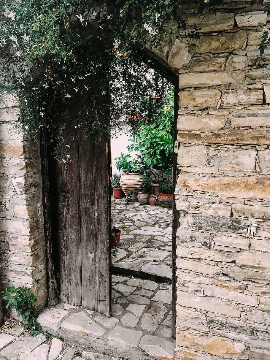 Open Gray Wooden Door, bricks, colors, daylight, doorway, entrance HD wallpaper