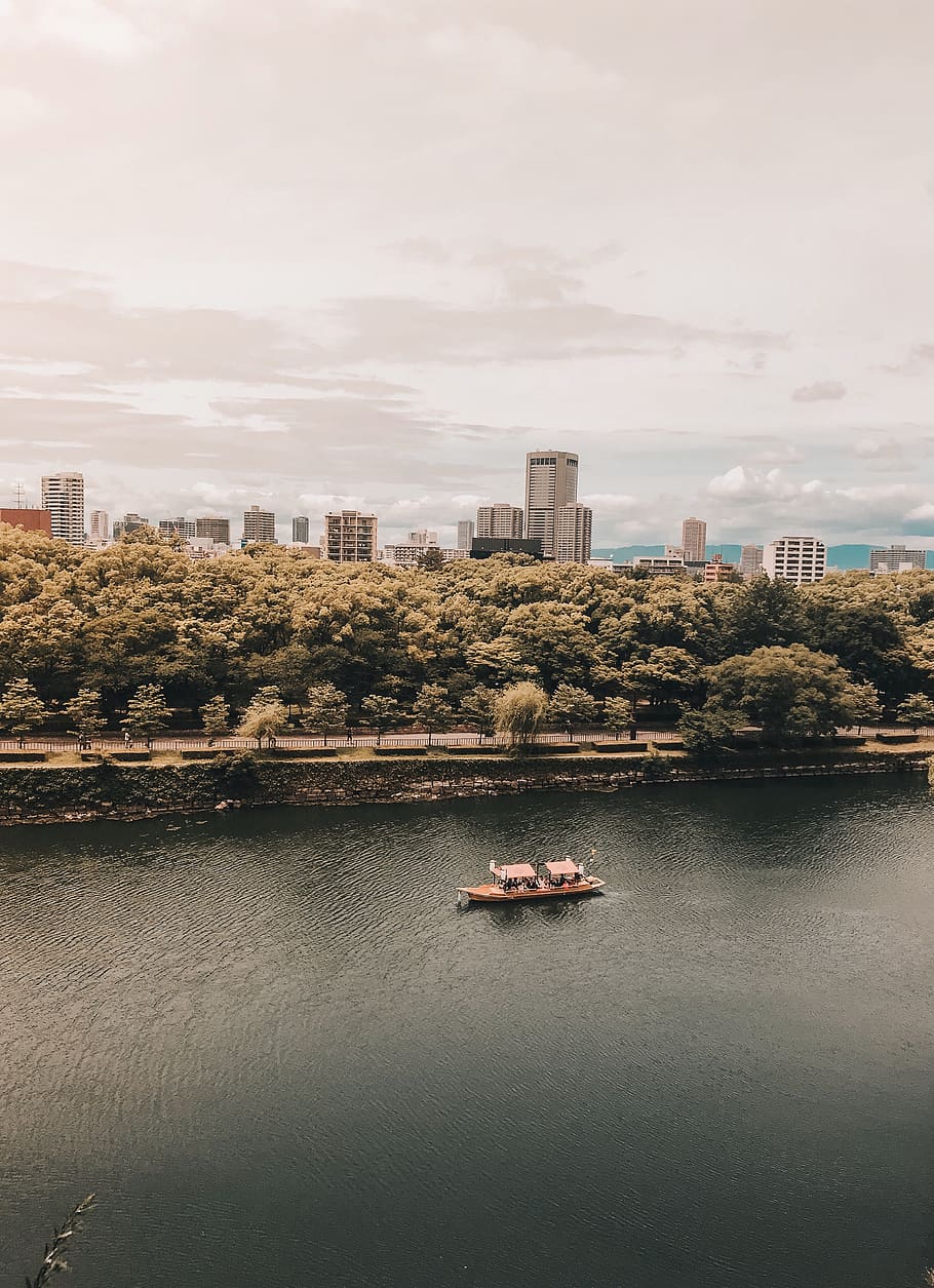 japan, trees, forest, boat, lake, osaka, sky, osaka castle HD wallpaper