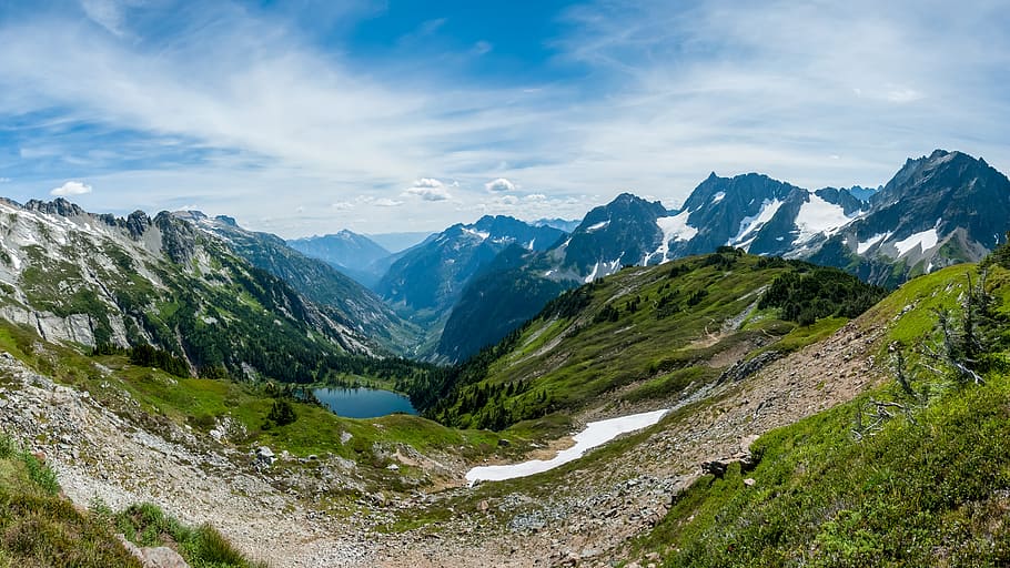 mountain near body of water during daytime, valley, cloud, sky HD wallpaper