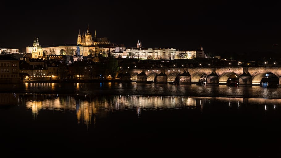 charles bridge, czechia, prague castle, night, river, moldau, HD wallpaper