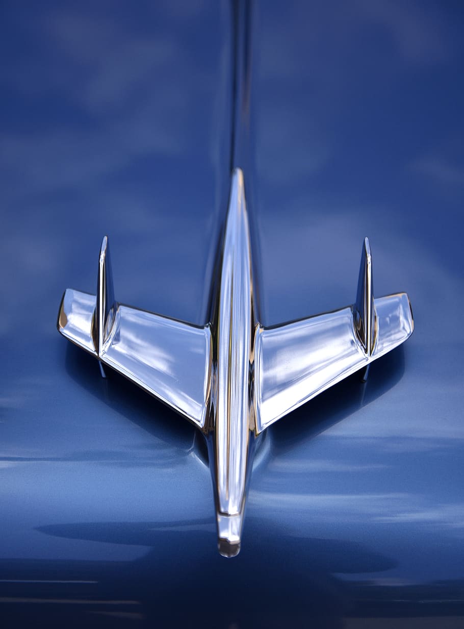 silver car plane emblem, blue, hood, vintage, reflection, chevy