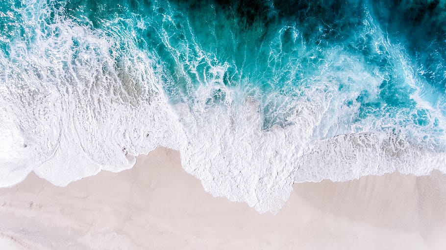 aerial seashore waves, water, motion, aquatic sport, beauty in nature HD wallpaper
