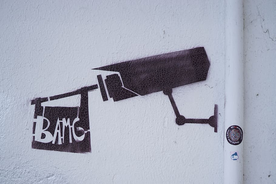bang, camera, privacy, ccctv, watching, graffiti, wall, white HD wallpaper