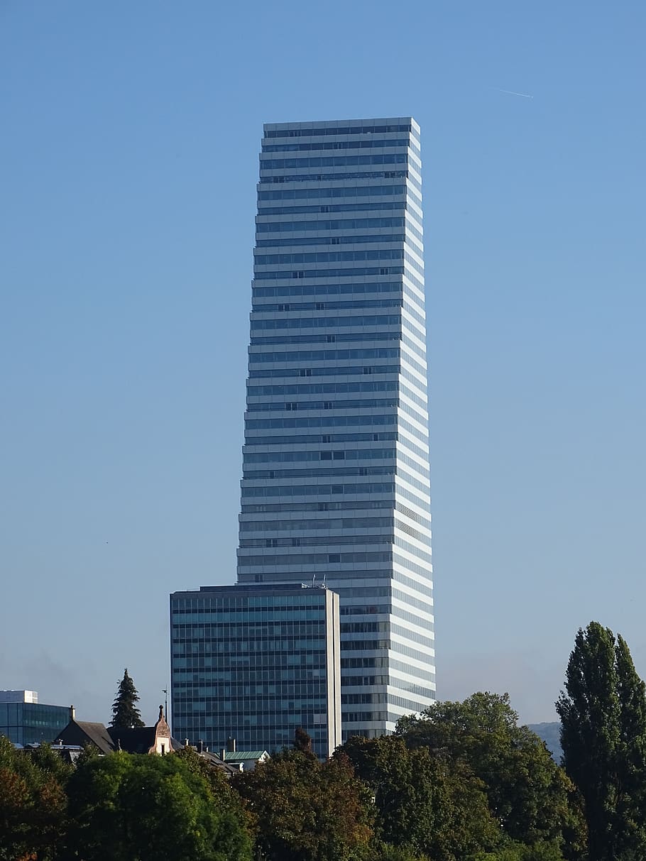 skyscraper, roche-tower, basel, blue sky, green, trees, building HD wallpaper