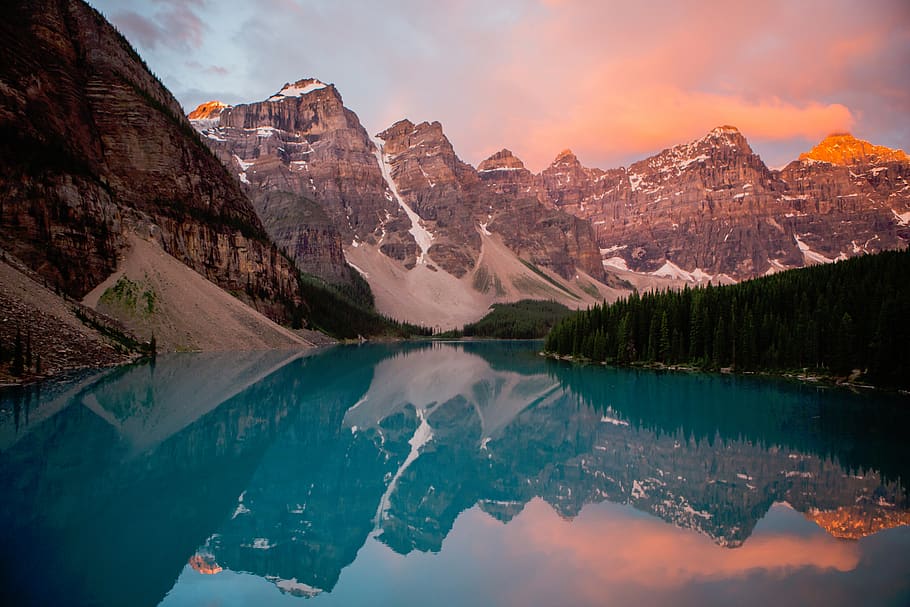 nature, landscape, mountains, sunset, water, reflection, trees HD wallpaper
