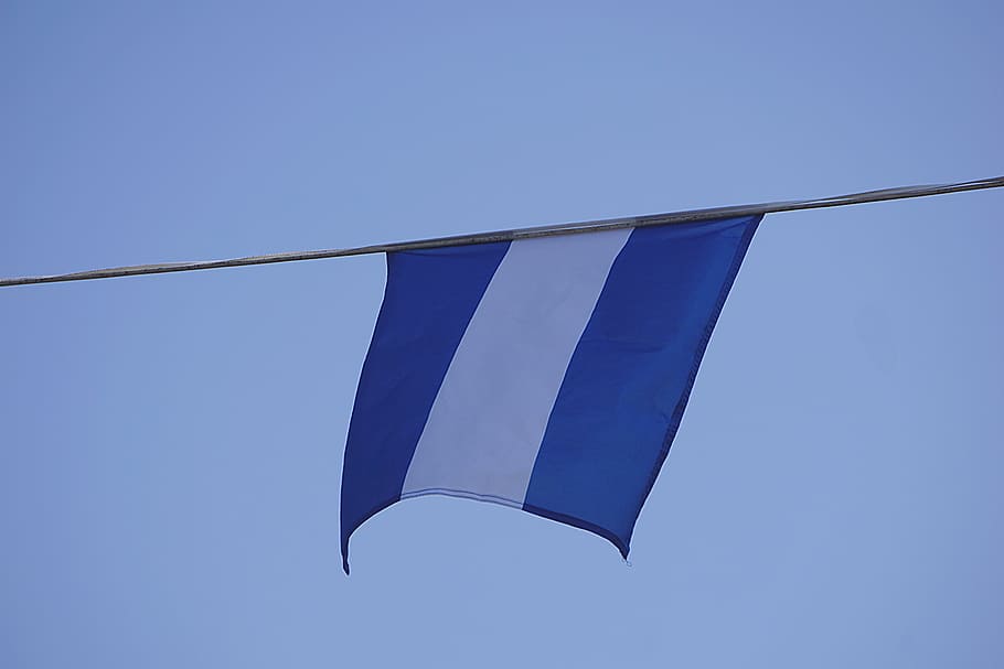 flag, blue, white, cable, hung, sky, stripe, clear sky, copy space HD wallpaper