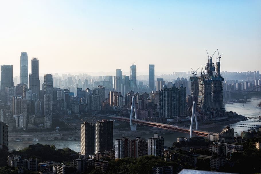 city, skyline, chongqing, modern, riverside, china, building