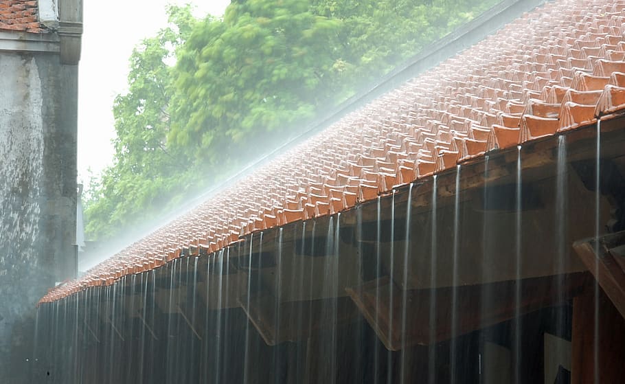 vietnam, heavy rain, roof, rain on roof, architecture, built structure