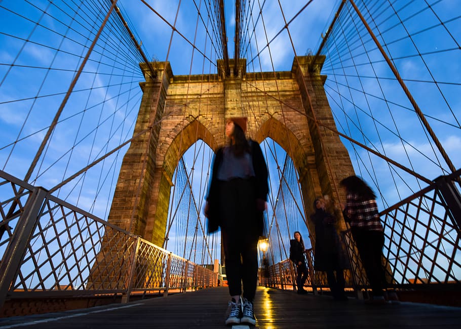 new york, brooklyn bridge, united states, dusk, motion, long exposure