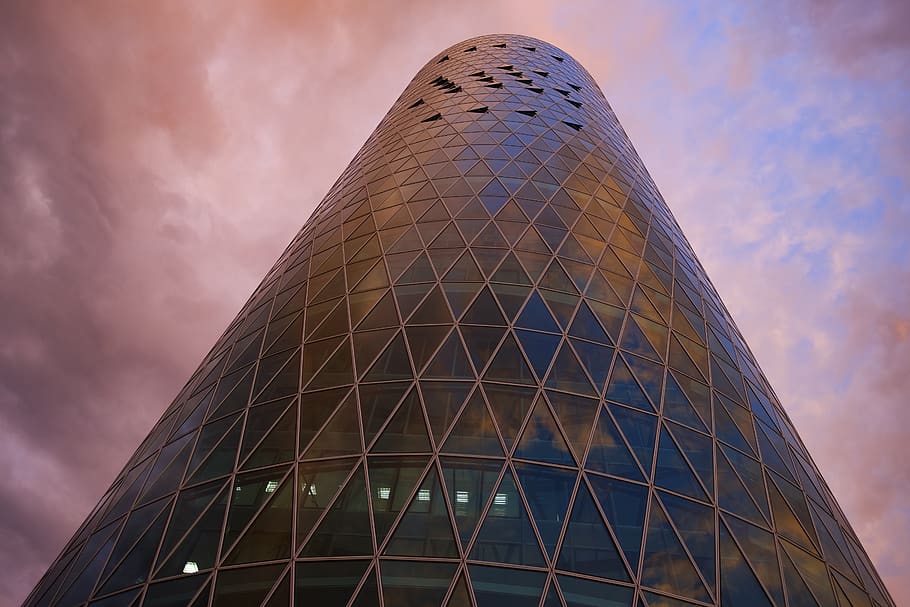 skyline, skyscraper, glass, window, city, clouds, sunset, architecture HD wallpaper