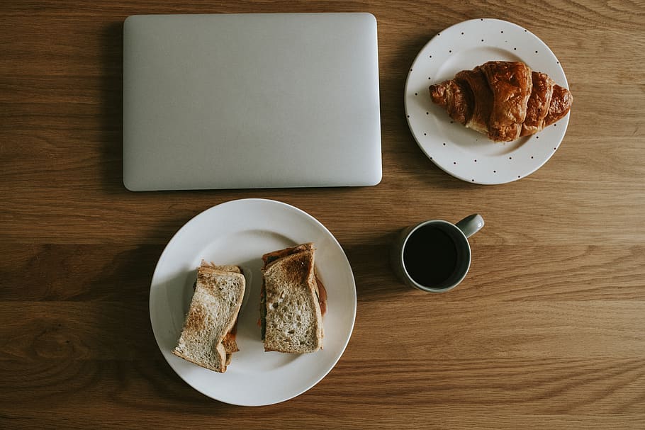 Slice of Toasted Breads in White Saucer, close-up, coffee, croissant HD wallpaper