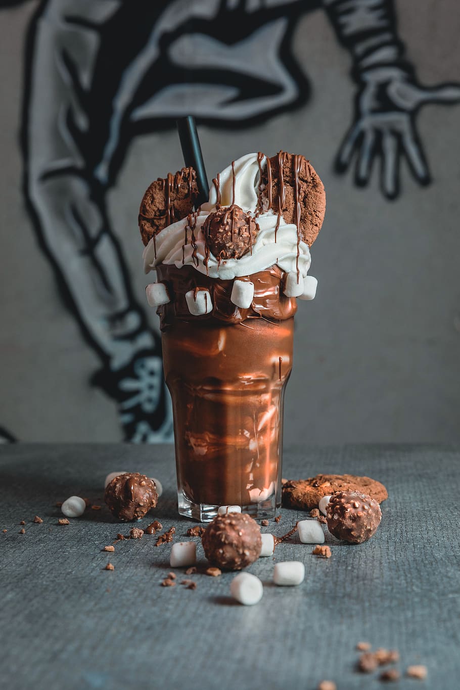 chocolate and caramel shake, food and drink, table, still life