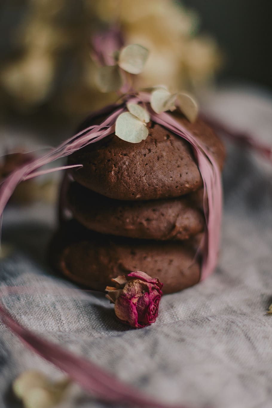 Three Brown Cookies, baking, bud, chocolate, close-up, dark, delicious HD wallpaper
