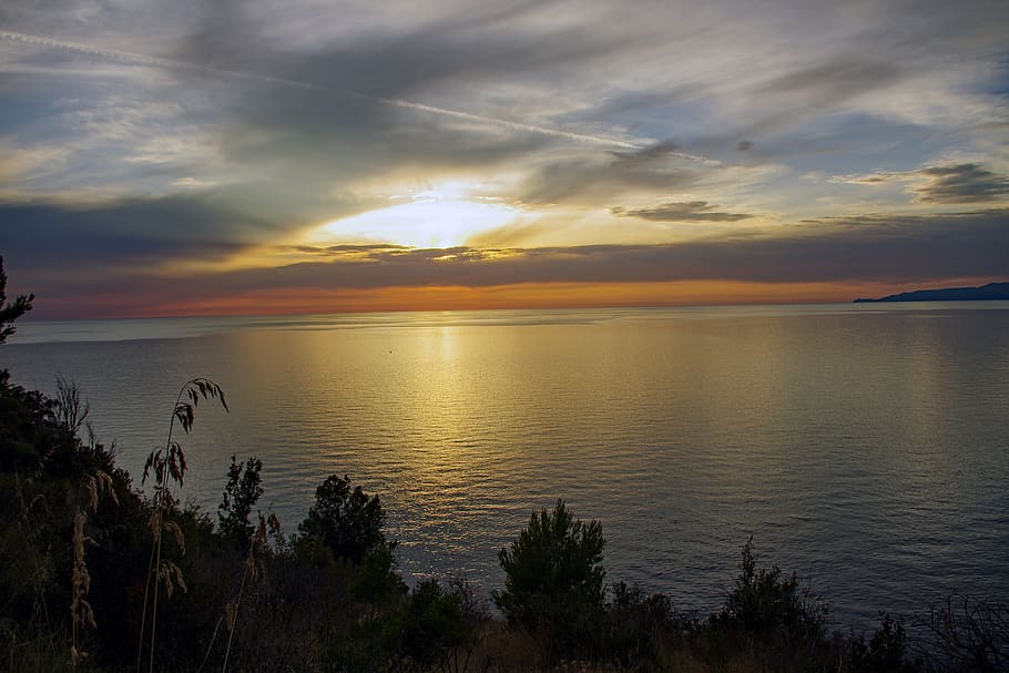 sea, sunset, nightfall, evening, noon, twilight, backlight HD wallpaper