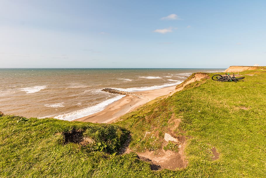 cliff, sea, denmark, coast, landscape, rock, beach, nature HD wallpaper