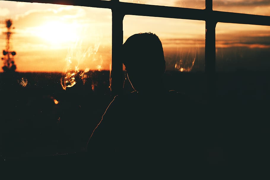 sunset, silhouette, people, windows, shadows, dusk, sky, nature HD wallpaper