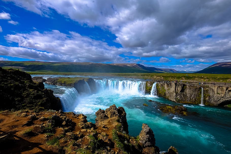 waterfalls during daytime, iceland, sky, river, outdoors, cliffs HD wallpaper