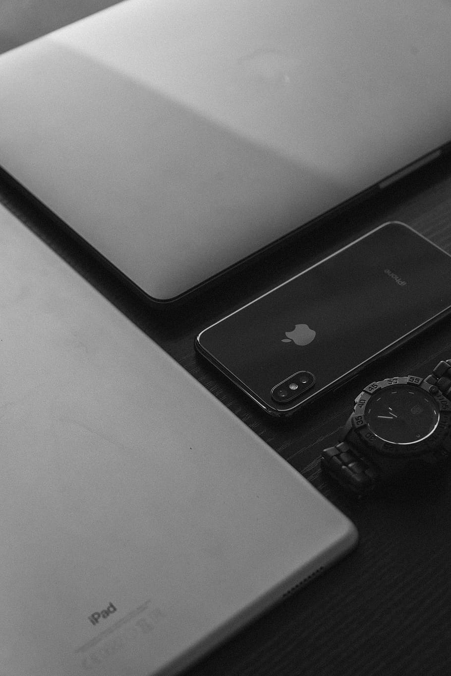 silver Apple MacBook, silver iPad, space gray iPhone X, and black analog watch, HD wallpaper