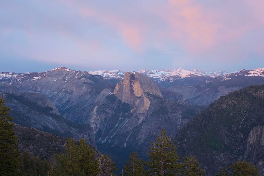 el capitan, united states, sunset, half dome, snow, clouds, HD wallpaper