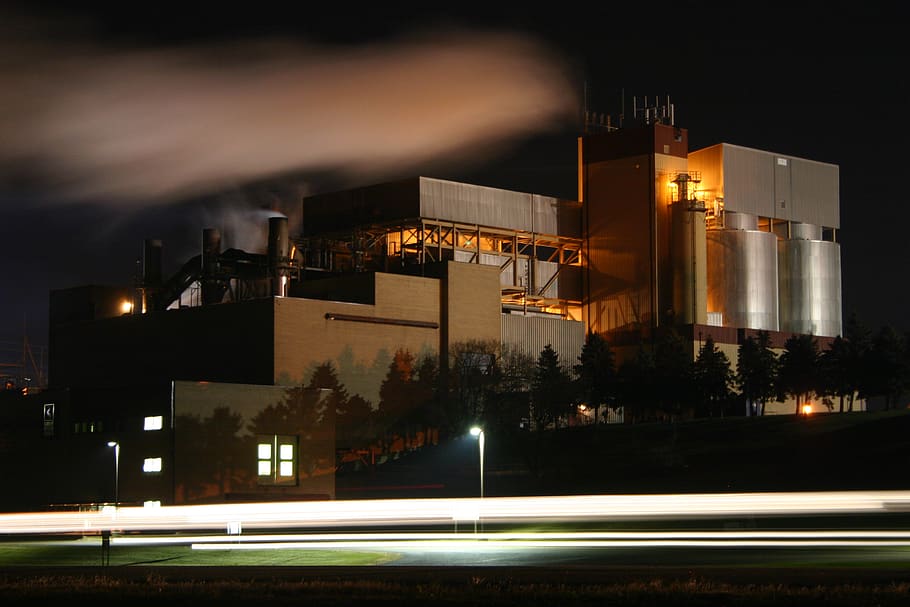 factory, night, pollution, illuminated, architecture, building exterior HD wallpaper