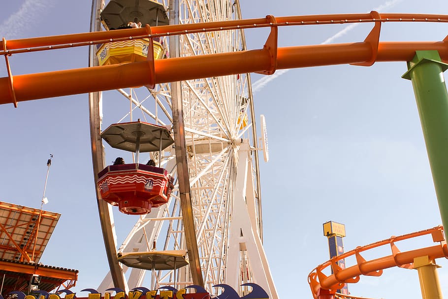 fair, ferris wheel, ride, white, blue, orange, red, green, rollercoaster HD wallpaper