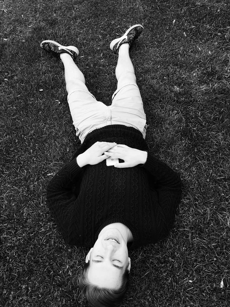 blackandwhite, lying down, lying on back, grass, high angle view HD wallpaper