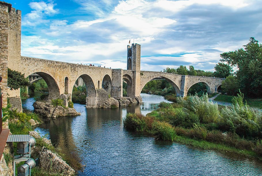 bessalu, garrotxa, catalonia, bridge, river, medieval, medieval population, HD wallpaper