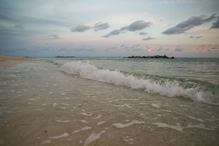 ocean, key west, wave, sunset, cloudy sky, in motion, beach HD wallpaper