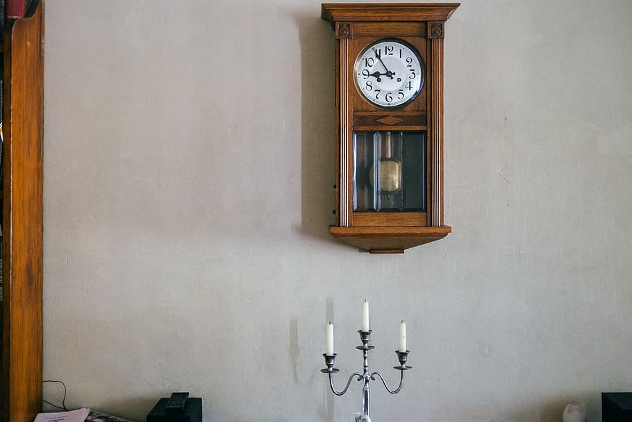 vintage pendulum clock, 9, ancient, antique, background, brown, HD wallpaper