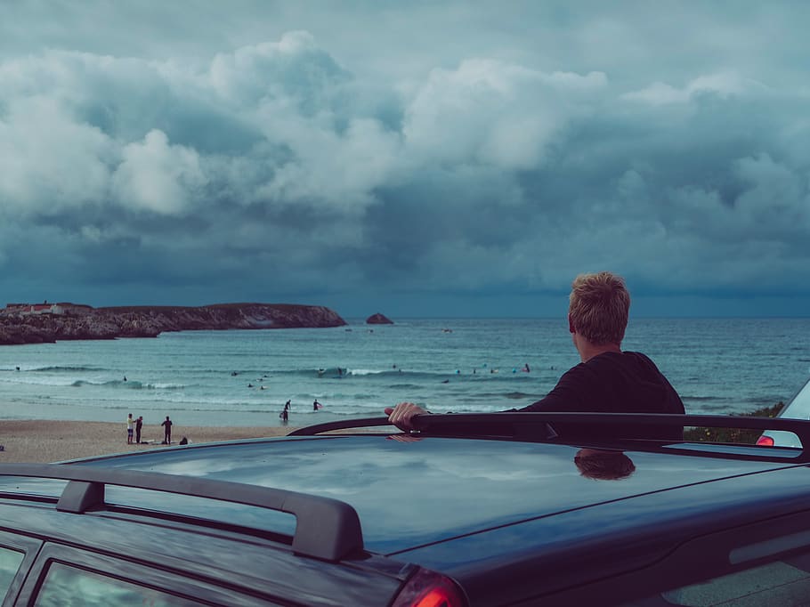 Man Looking At The Beach , clouds, europe, Lisbon, ocean, paradise HD wallpaper
