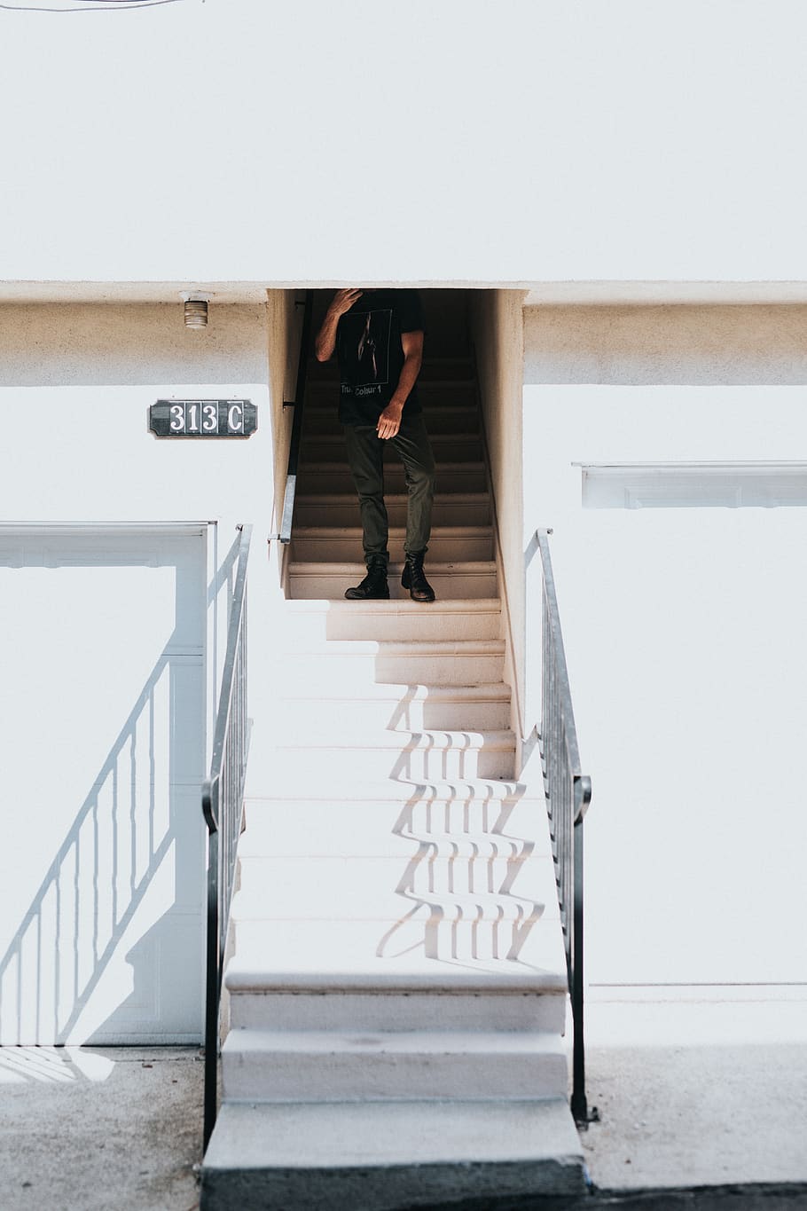 person walking in staircase, handrail, banister, human, indoors HD wallpaper