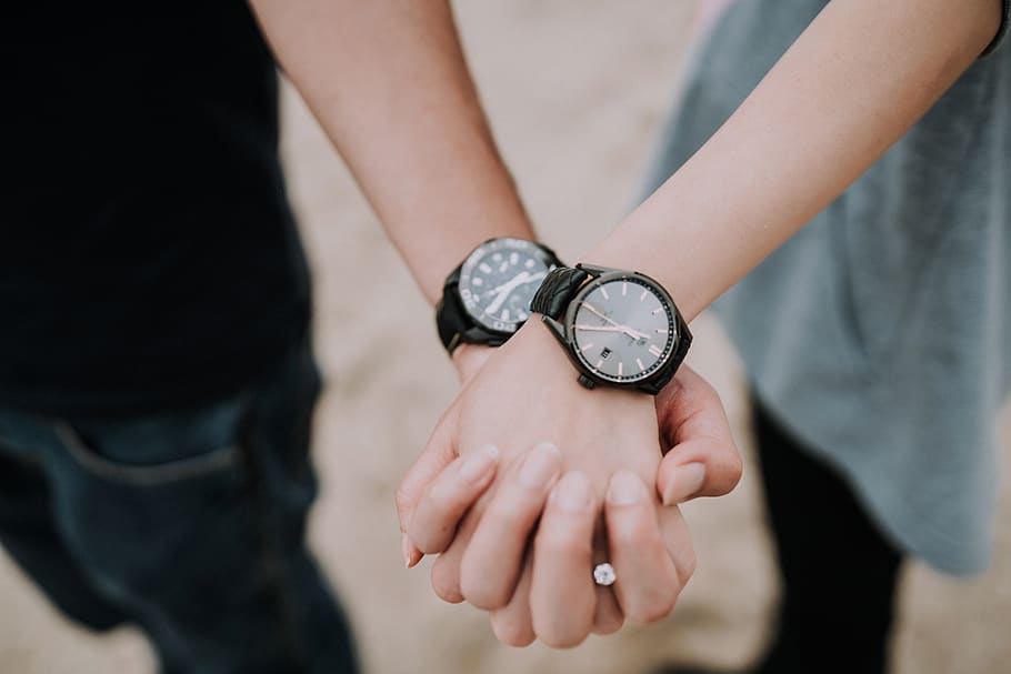 two person wearing couple watch, human, wristwatch, hand, finger