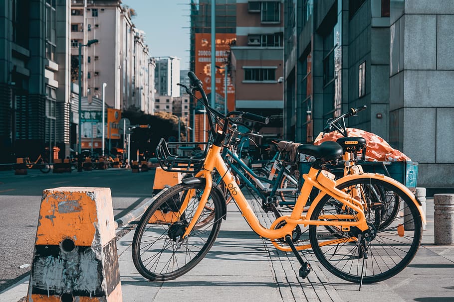 orange bicycle, bike, vehicle, transportation, person, sports HD wallpaper