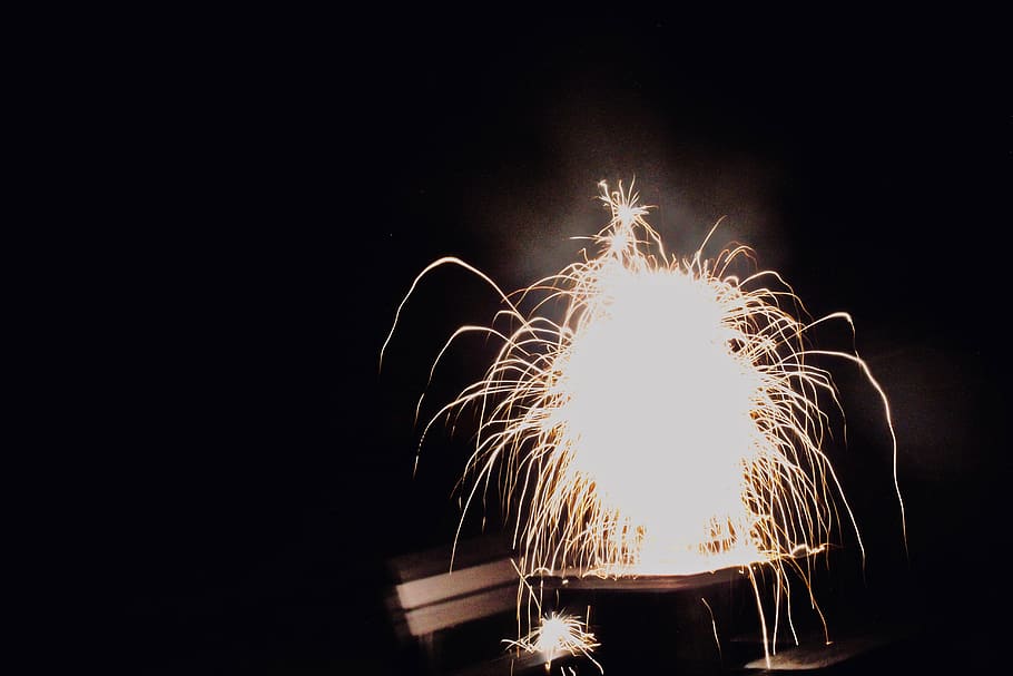 lights, flash, fireworks, tree, motion, illuminated, night HD wallpaper