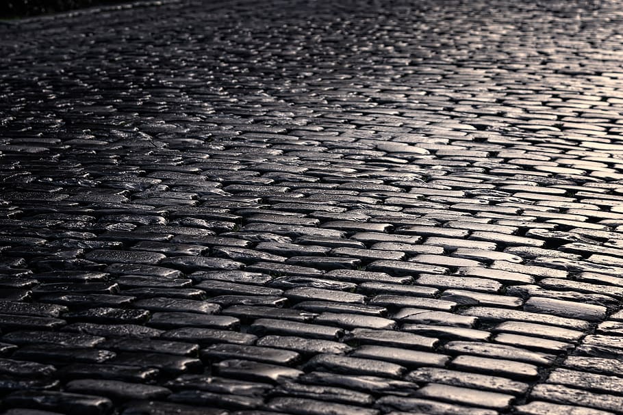 road, cobblestones, patch, paved, pavement, city, wet, rain HD wallpaper