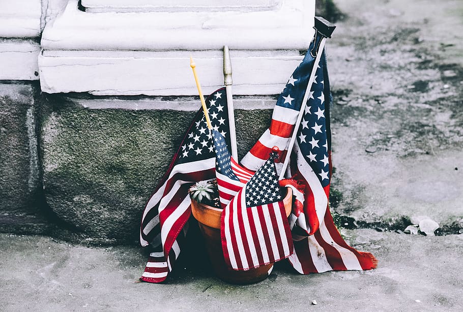 flags, usa, stick, pot, outside, patriotism, striped, day, wall - building feature HD wallpaper
