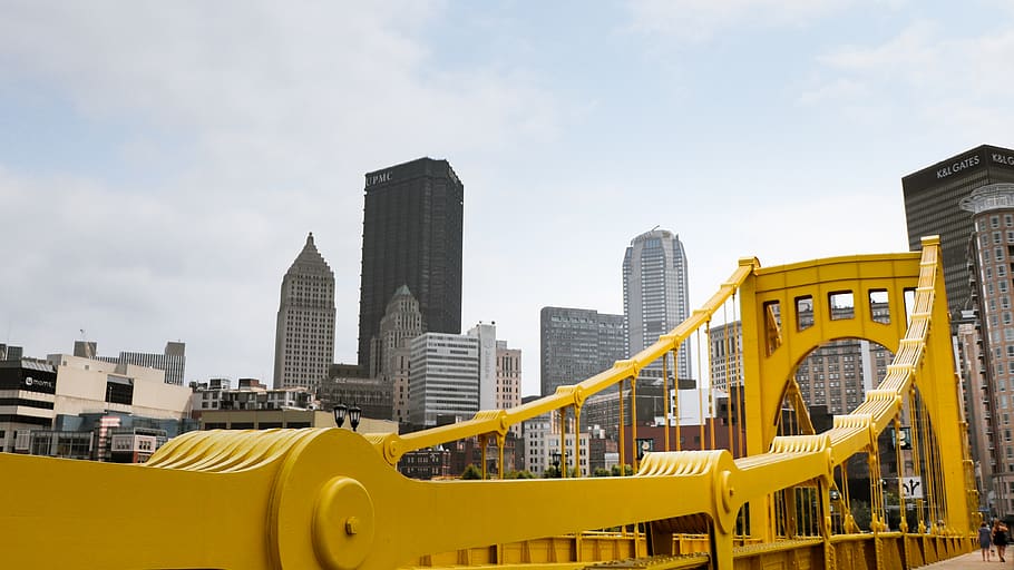 yellow bridge, built structure, building exterior, office building exterior HD wallpaper